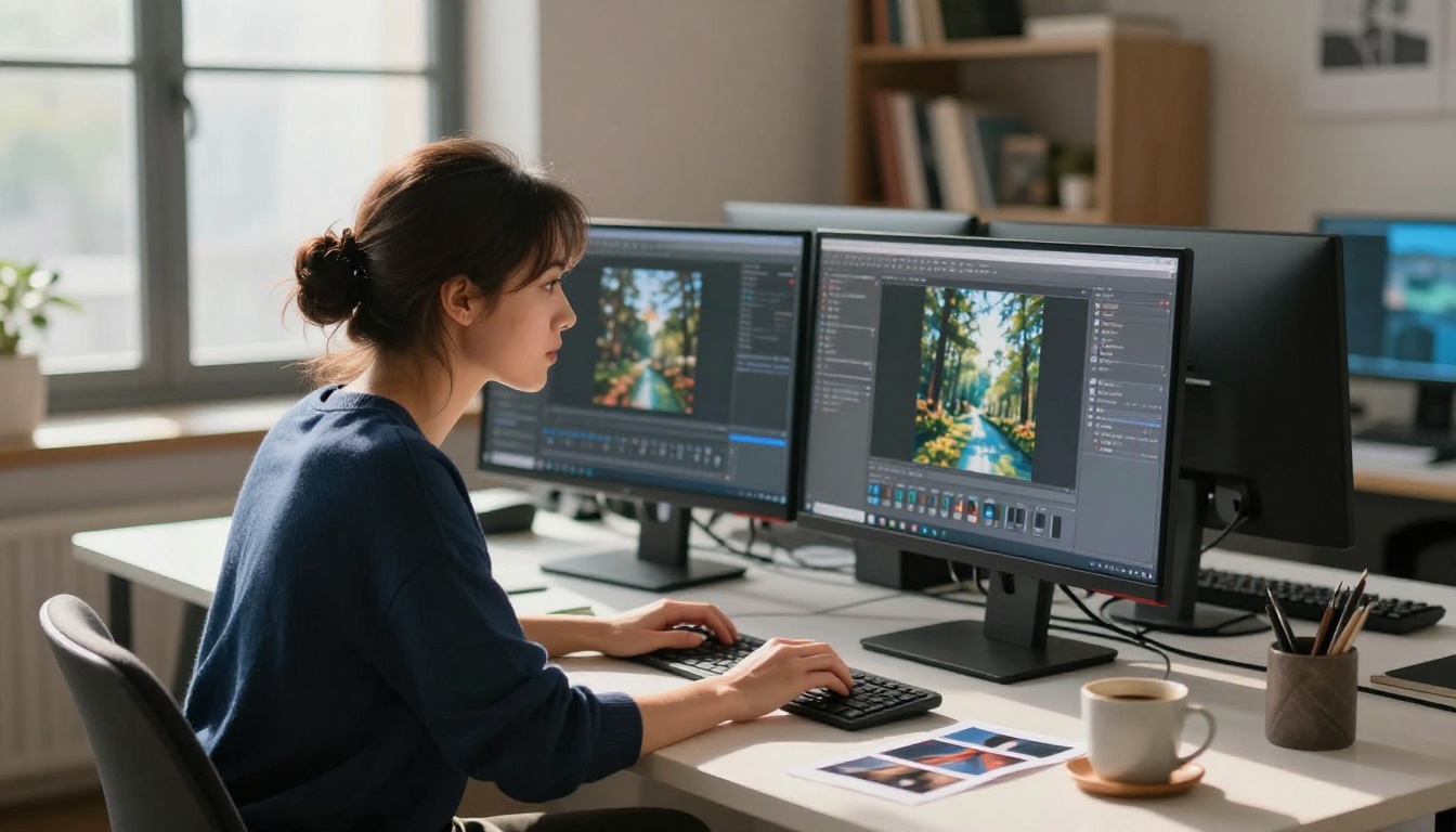 Creative professional studying AI generation results on dual monitors