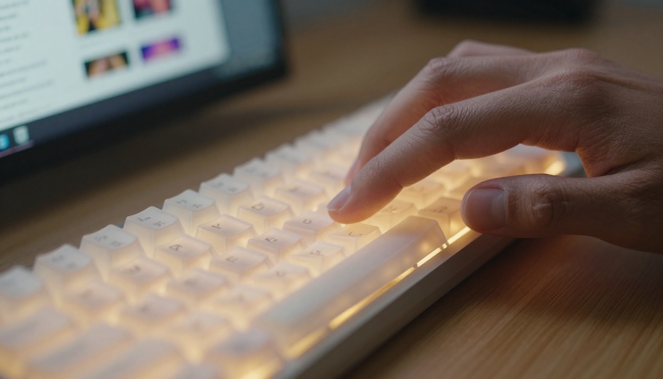 Close-up of hands typing an AI image generation prompt on backlit keyboard