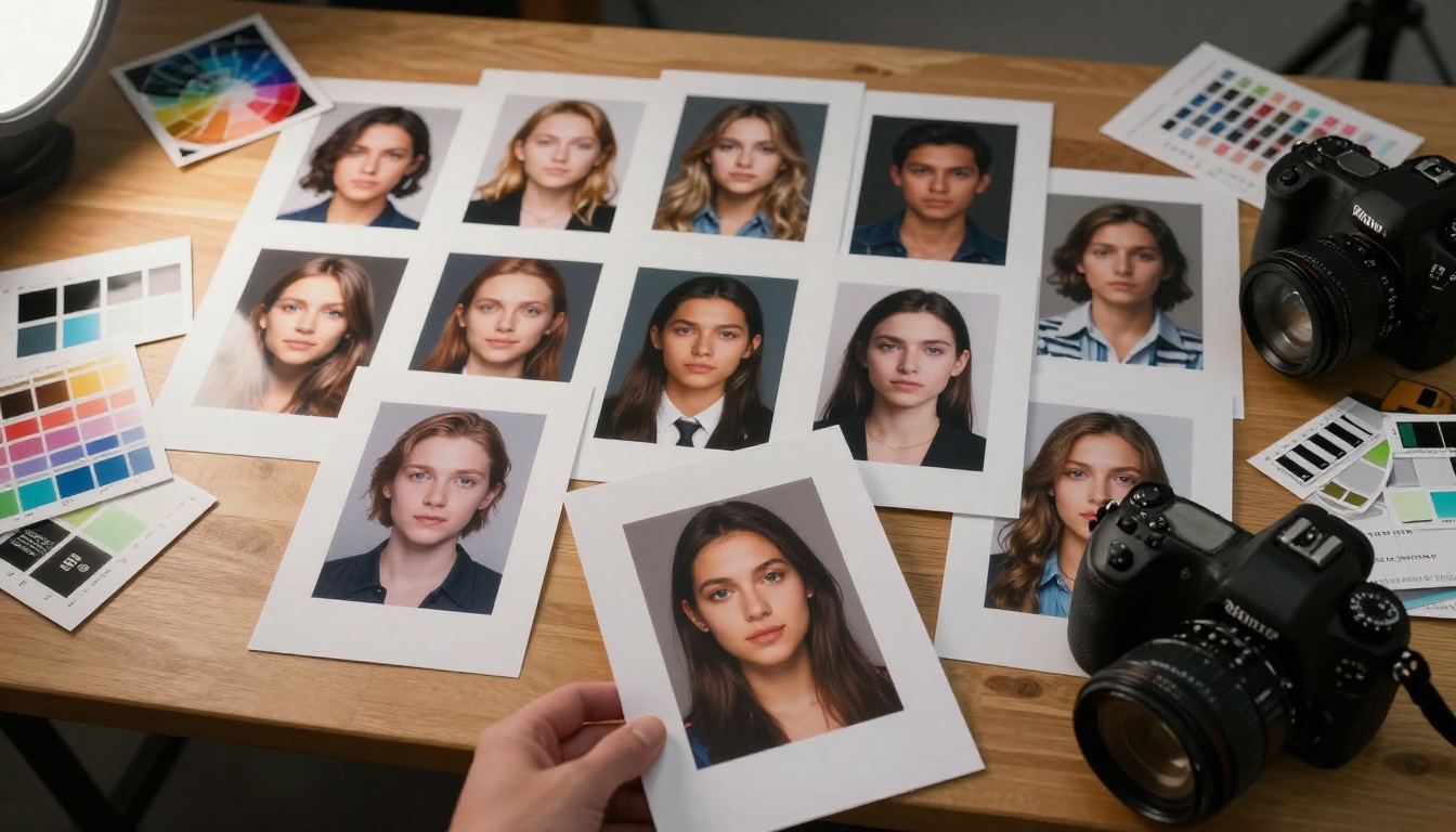 Printed AI image reference sheets spread across a photography studio desk