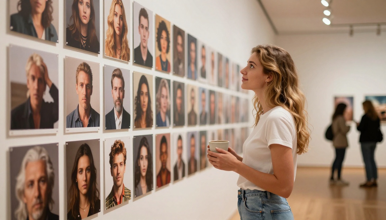 Woman examining a gallery wall of AI-generated portrait prints