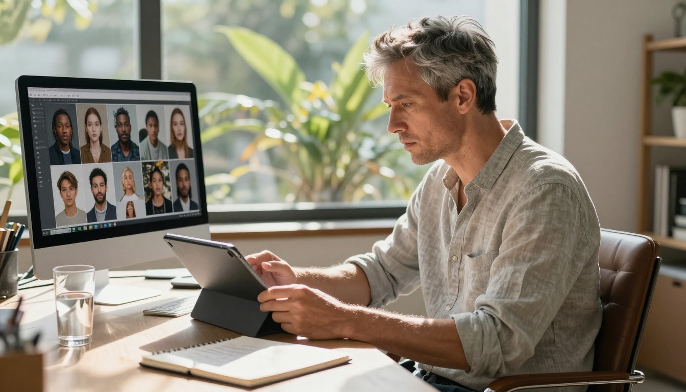 Creative director reviewing an AI image portfolio on a professional tablet by a sunny window