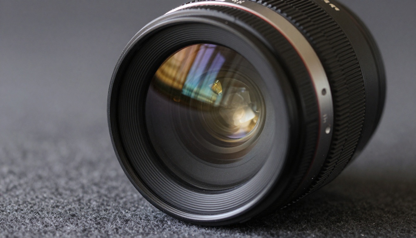 Close-up macro photograph of a professional camera lens on dark felt surface