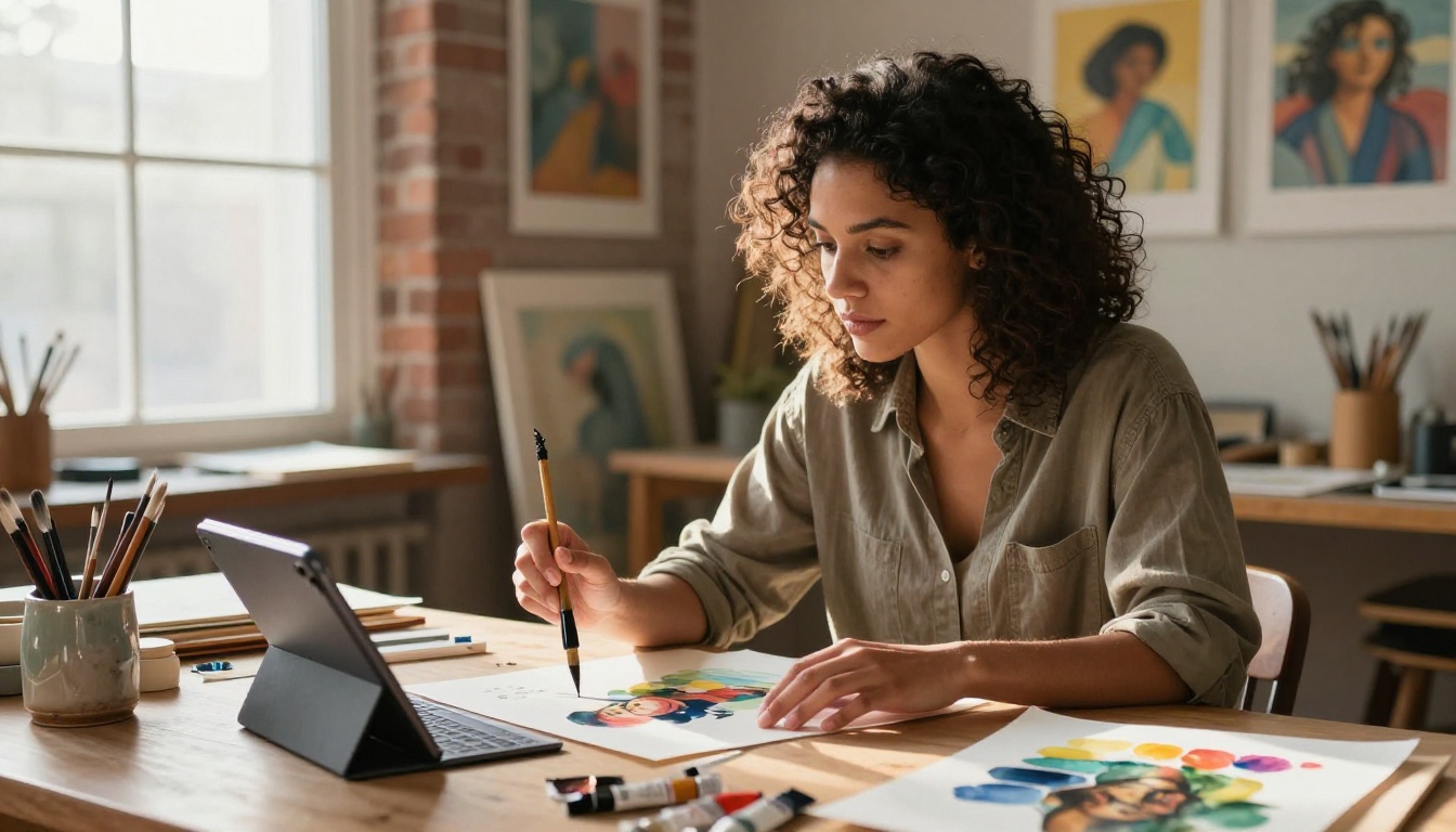 Female artist comparing traditional brush painting to AI image generation on a tablet