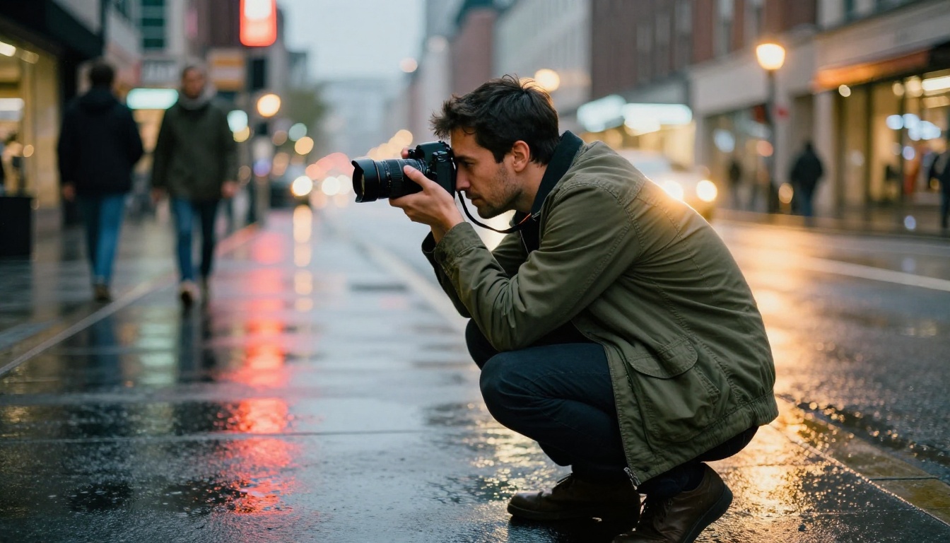Urban street photographer crouching on a rain-wet city sidewalk at night with bokeh lights