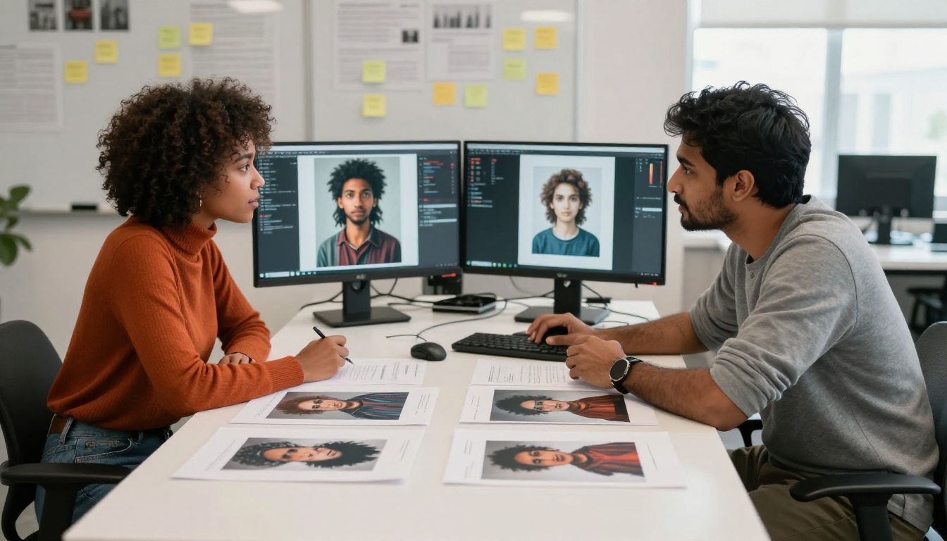Two creative professionals comparing AI-generated outputs side by side at a studio workspace Two creative professionals comparing AI-generated outputs side by side at a studio workspace