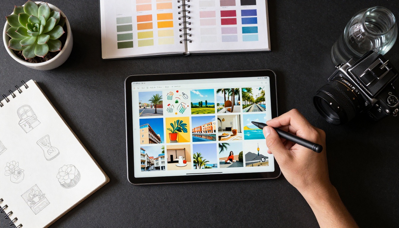 Aerial overhead view of organized designer workspace with tablet, sketchbooks, and color swatches Aerial overhead view of organized designer workspace with tablet, sketchbooks, and color swatches
