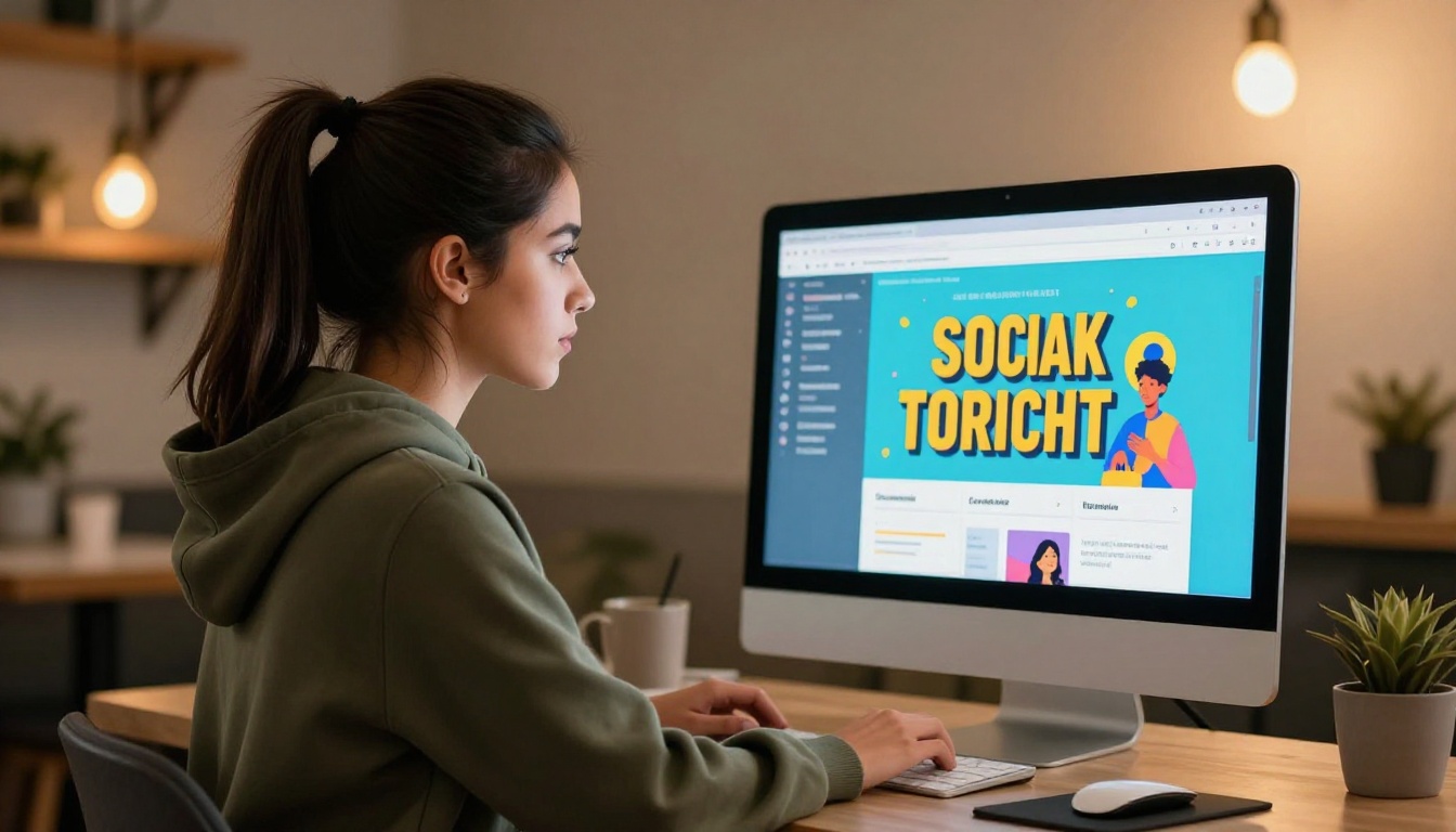 Young designer with ponytail creating social media graphics on iMac in warm interior setting Young designer with ponytail creating social media graphics on iMac in warm interior setting