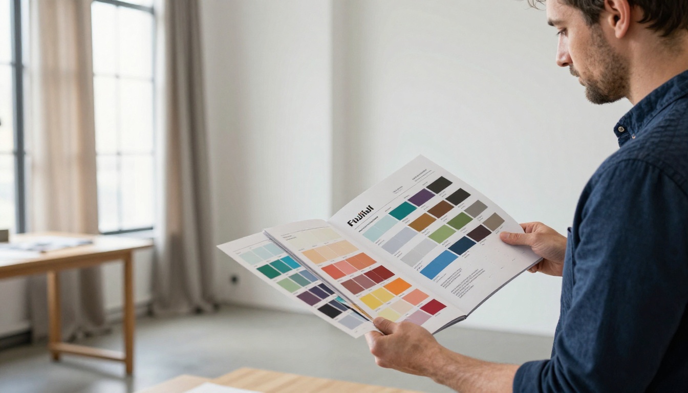 Male brand designer standing in minimalist studio holding printed identity booklet with color swatches Male brand designer standing in minimalist studio holding printed identity booklet with color swatches