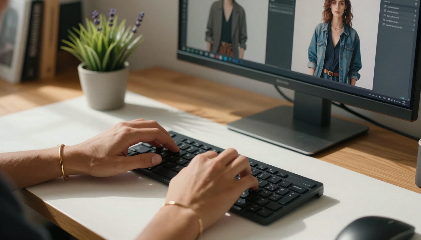 Freelance creator's hands at keyboard with monitor showing split AI portrait comparison in natural daylight Freelance creator's hands at keyboard with monitor showing split AI portrait comparison in natural daylight