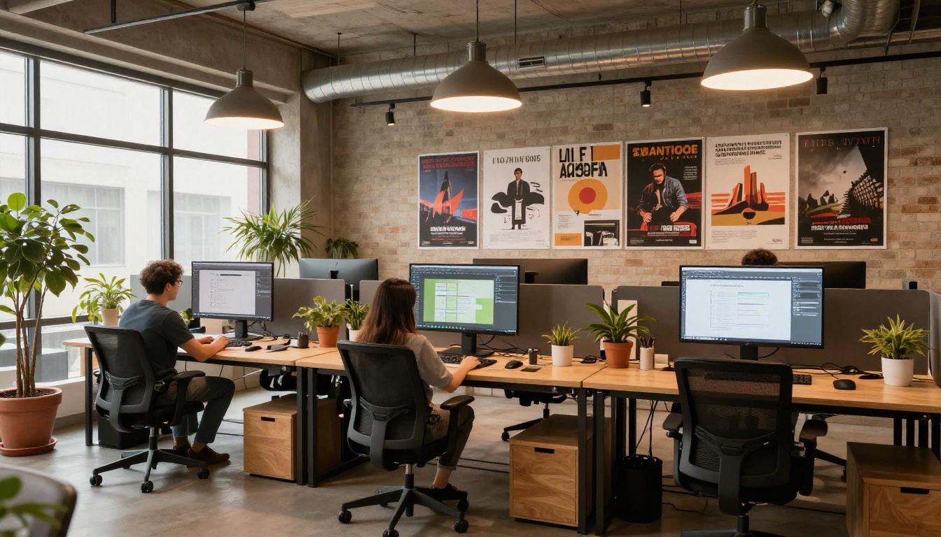 Wide shot of modern design agency with three designers at workstations under industrial ceiling lights