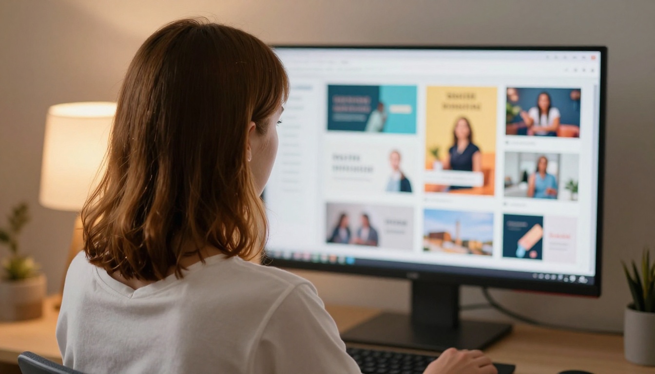 Woman browsing colorful design template grid on large monitor from behind in warm-lit room