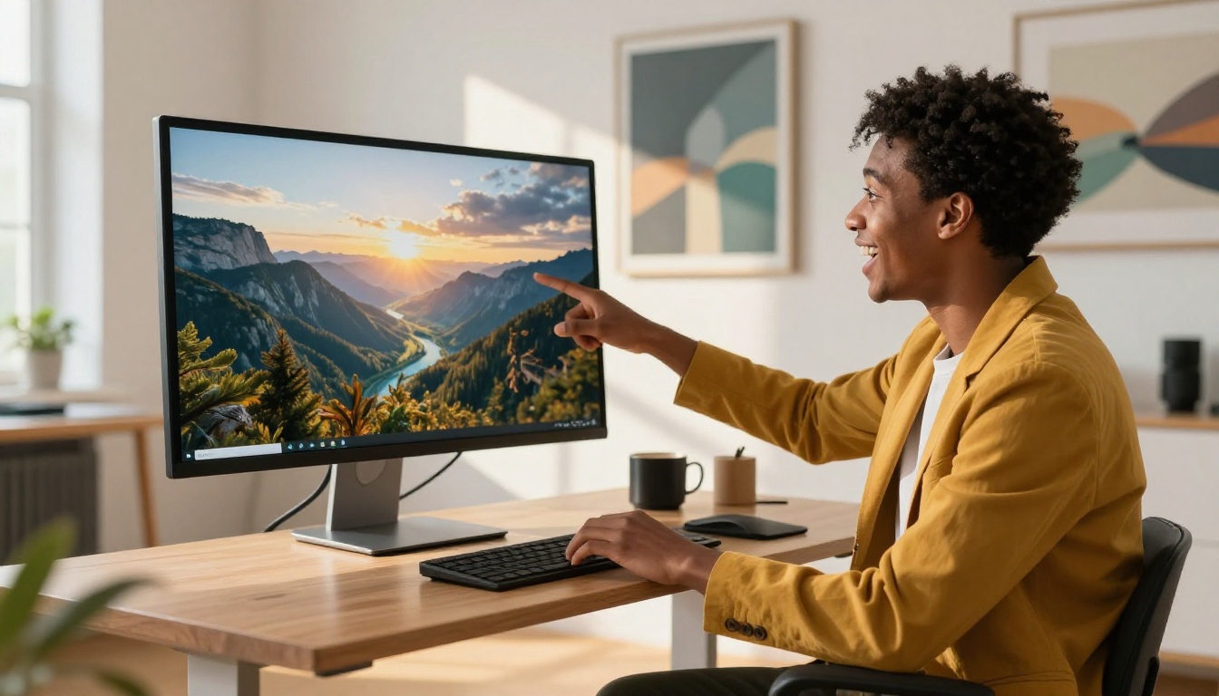 Creative professional in mustard blazer pointing excitedly at AI-generated landscape displayed on monitor in loft studio