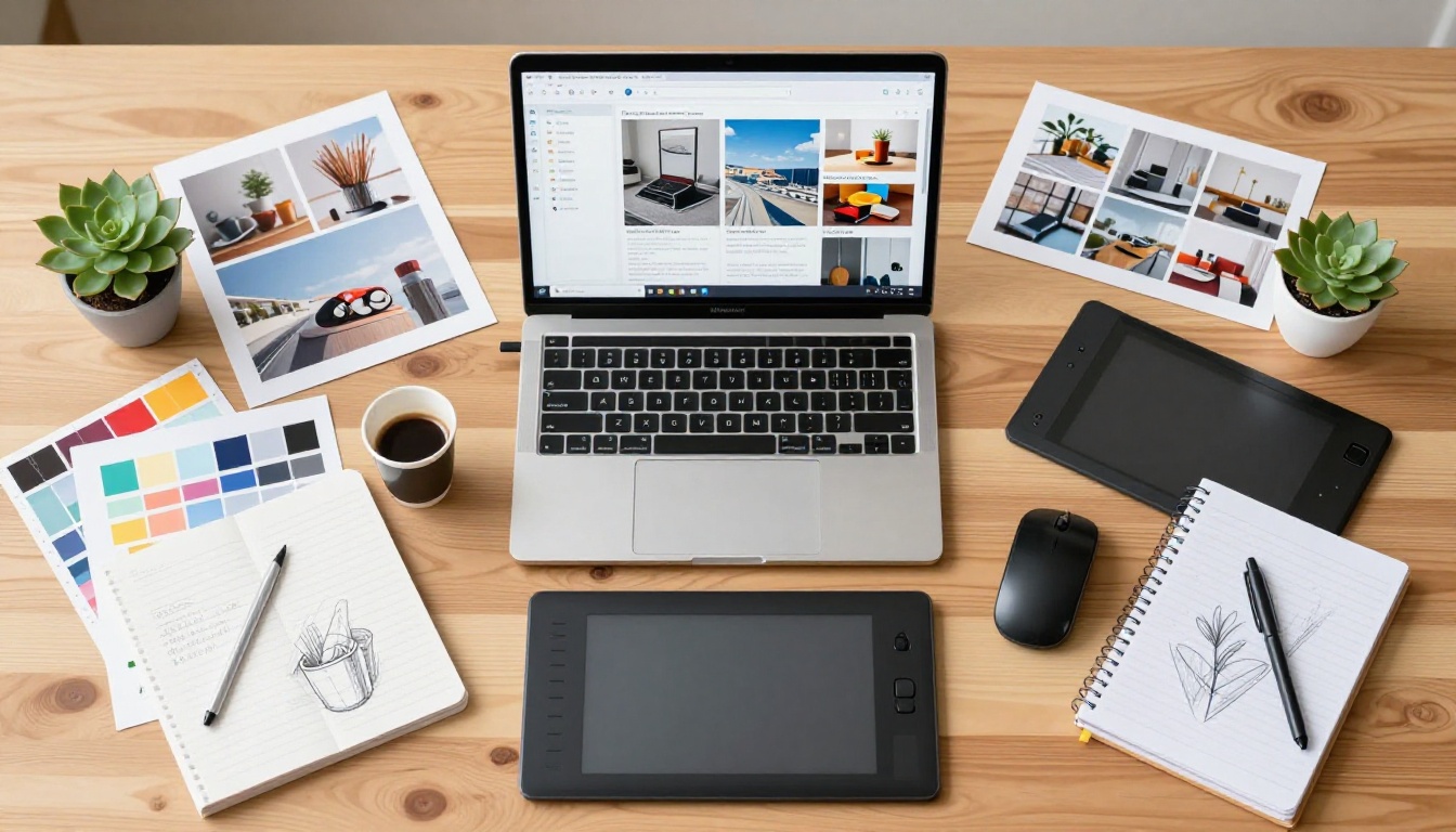 Aerial flat-lay of creative workspace with MacBook and design tools