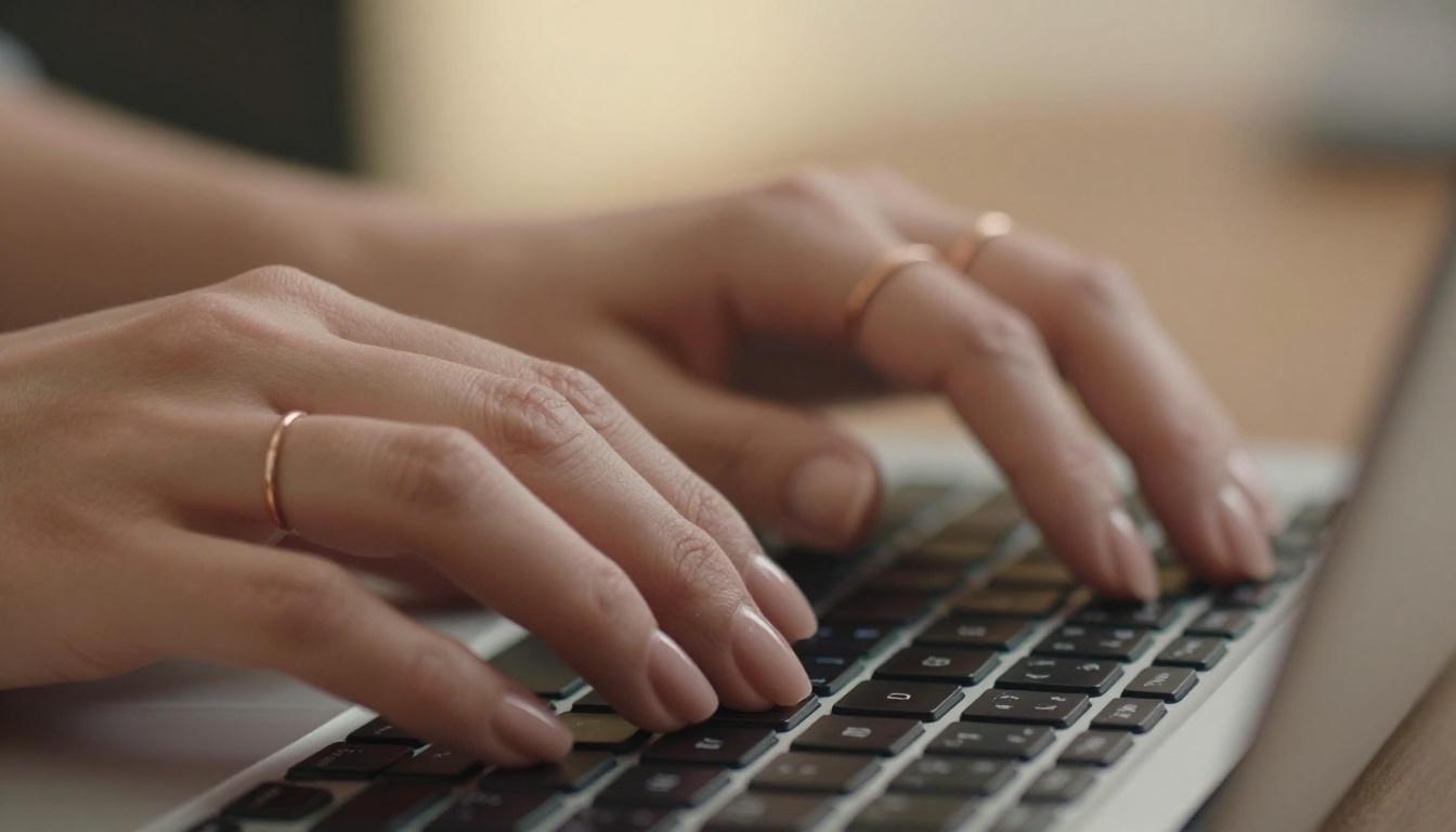 Close-up of female hands typing on a mechanical keyboard in warm office light