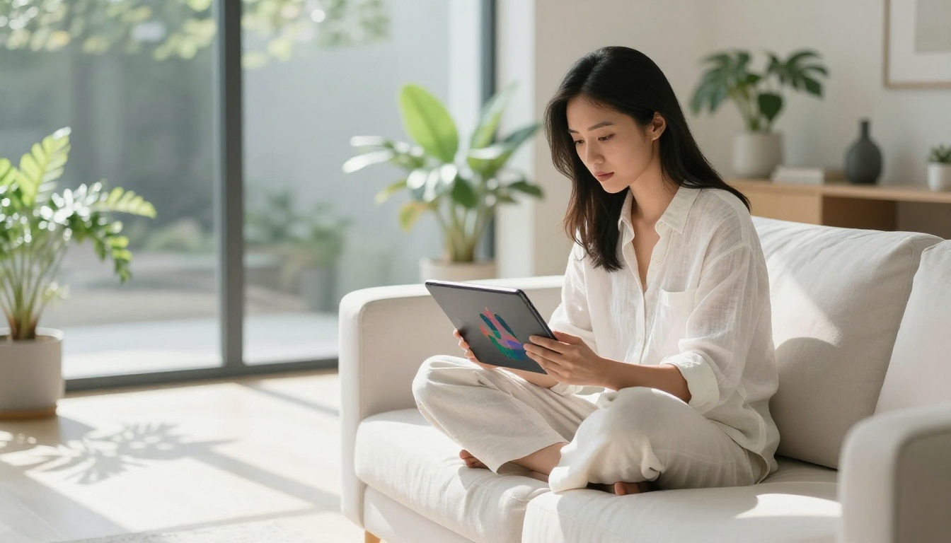 Stylish creator scrolling AI-generated results on tablet in minimalist apartment