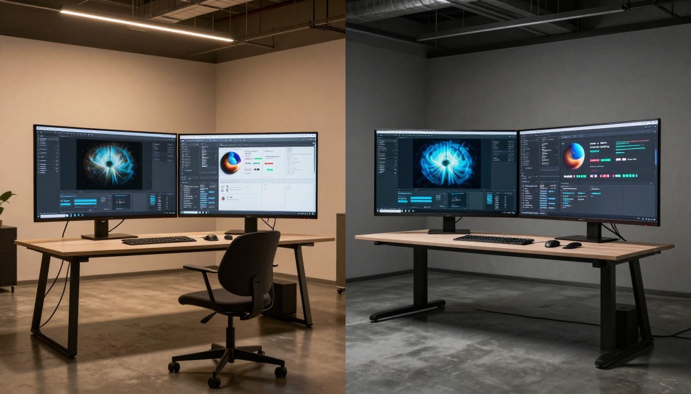 Creator at AI workstation with multiple screens