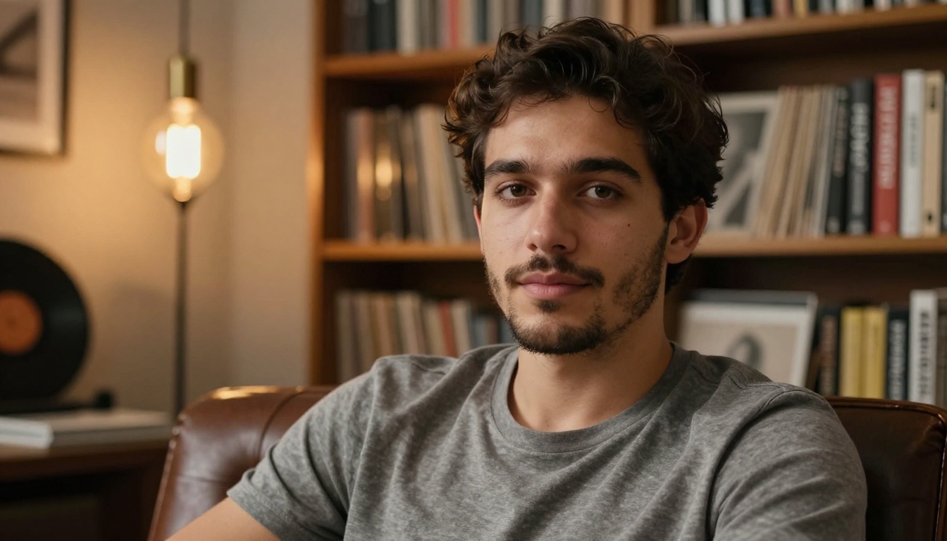 Young male creative director portrait in warm loft studio lighting