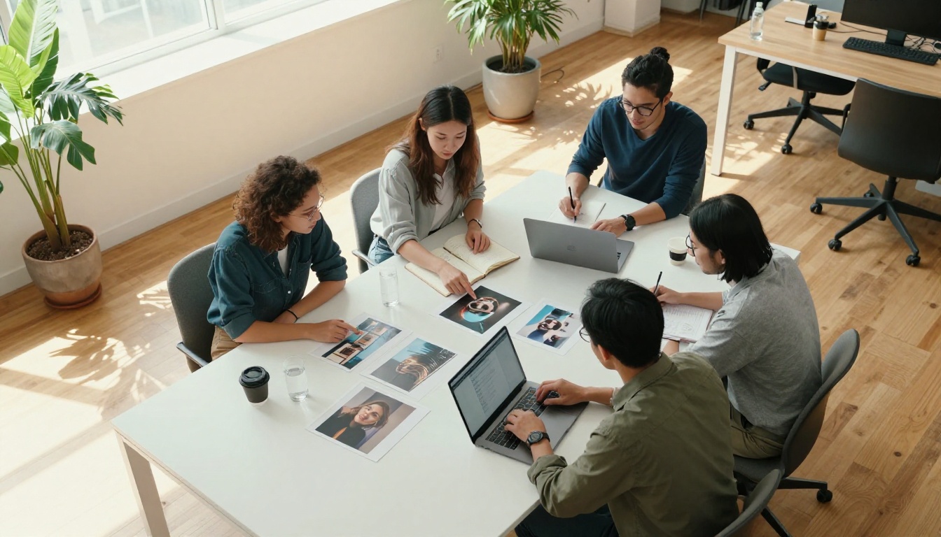 Creative team collaborating overhead view around white table with AI-generated prints