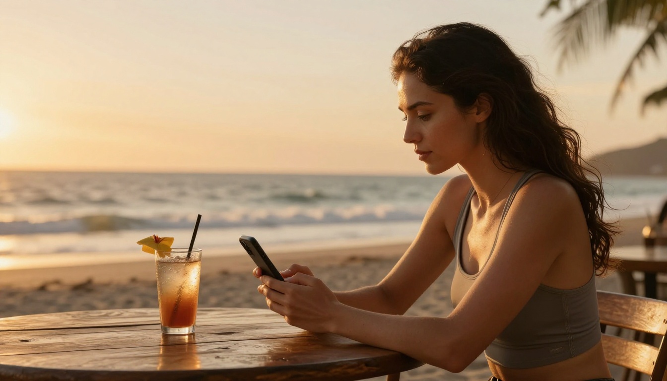 Woman scrolling AI results on smartphone at beach café during golden hour