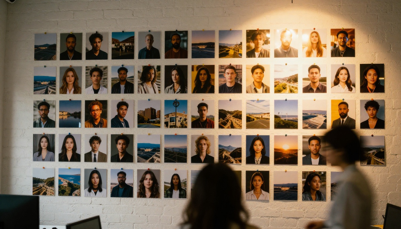 Agency mood board wall covered in printed AI-generated photographs with spotlight