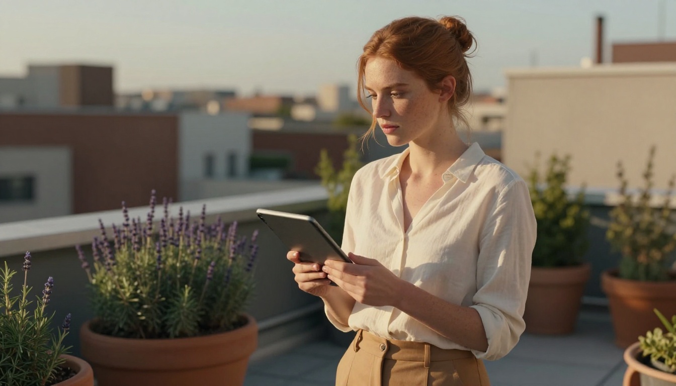Creative professional reviewing images on rooftop Creative professional reviewing images on rooftop