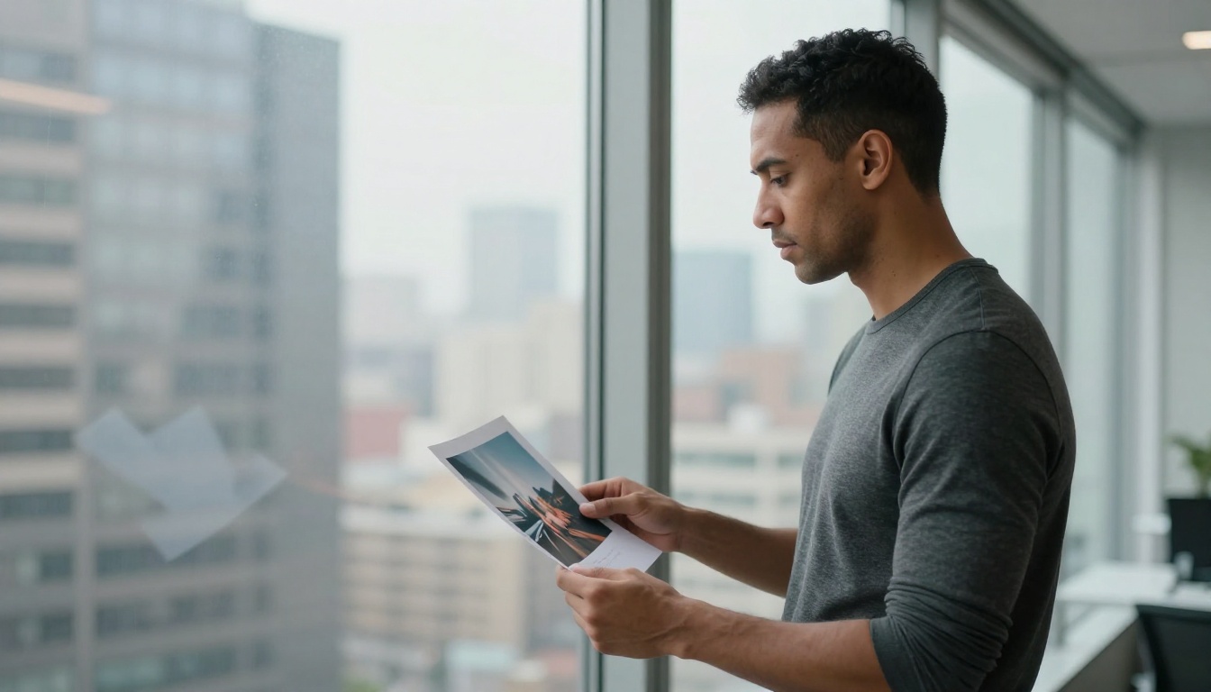 Man reviewing creative work by city window