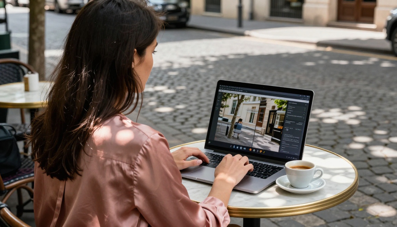 Creative director reviewing work at cafe