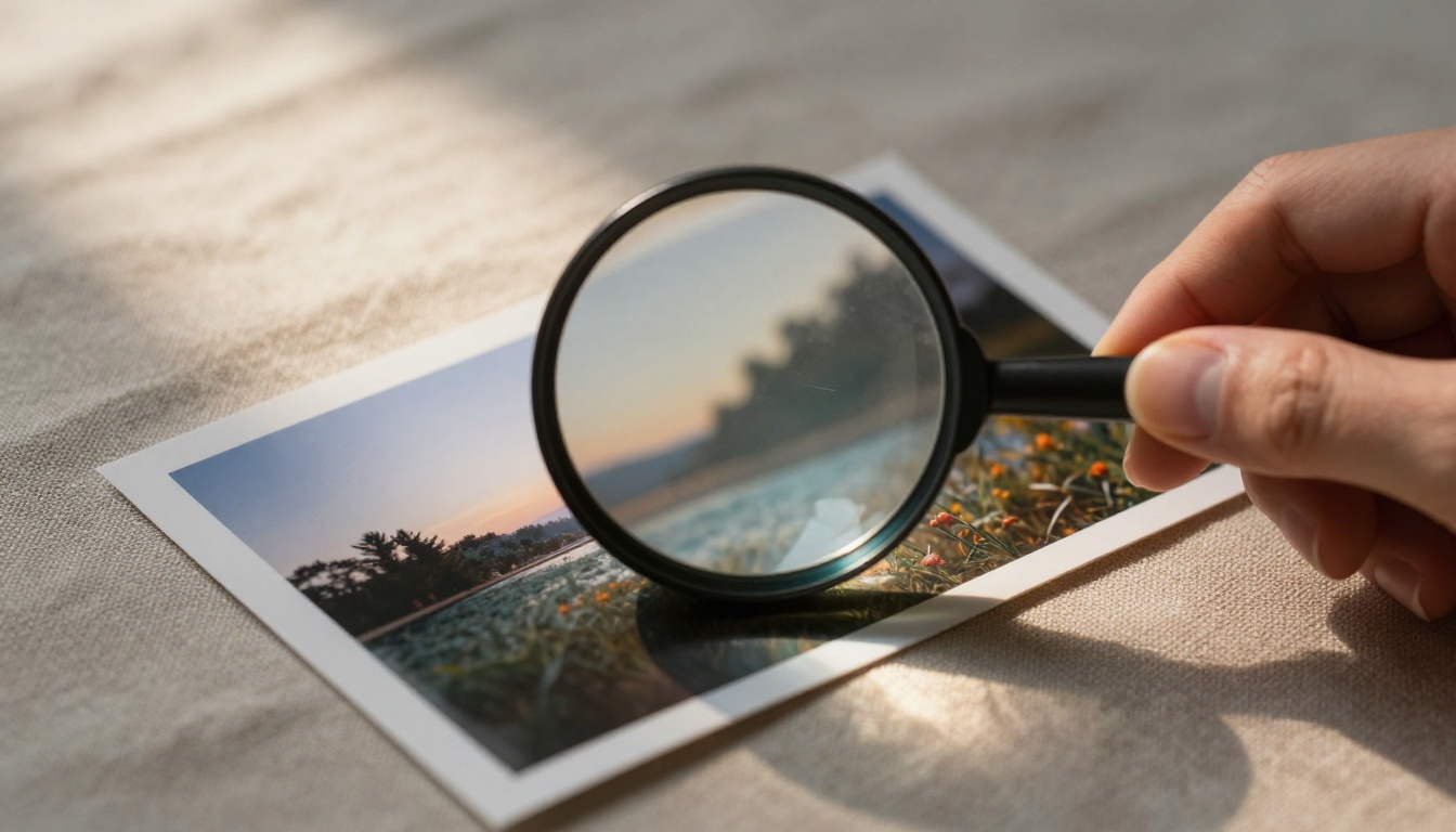 Macro close-up of image analysis with magnifying glass