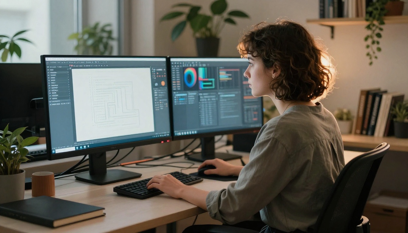 Young graphic designer at a standing desk workstation in a modern creative studio with dual monitors glowing with typographic AI artwork Young graphic designer at a standing desk workstation in a modern creative studio with dual monitors glowing with typographic AI artwork
