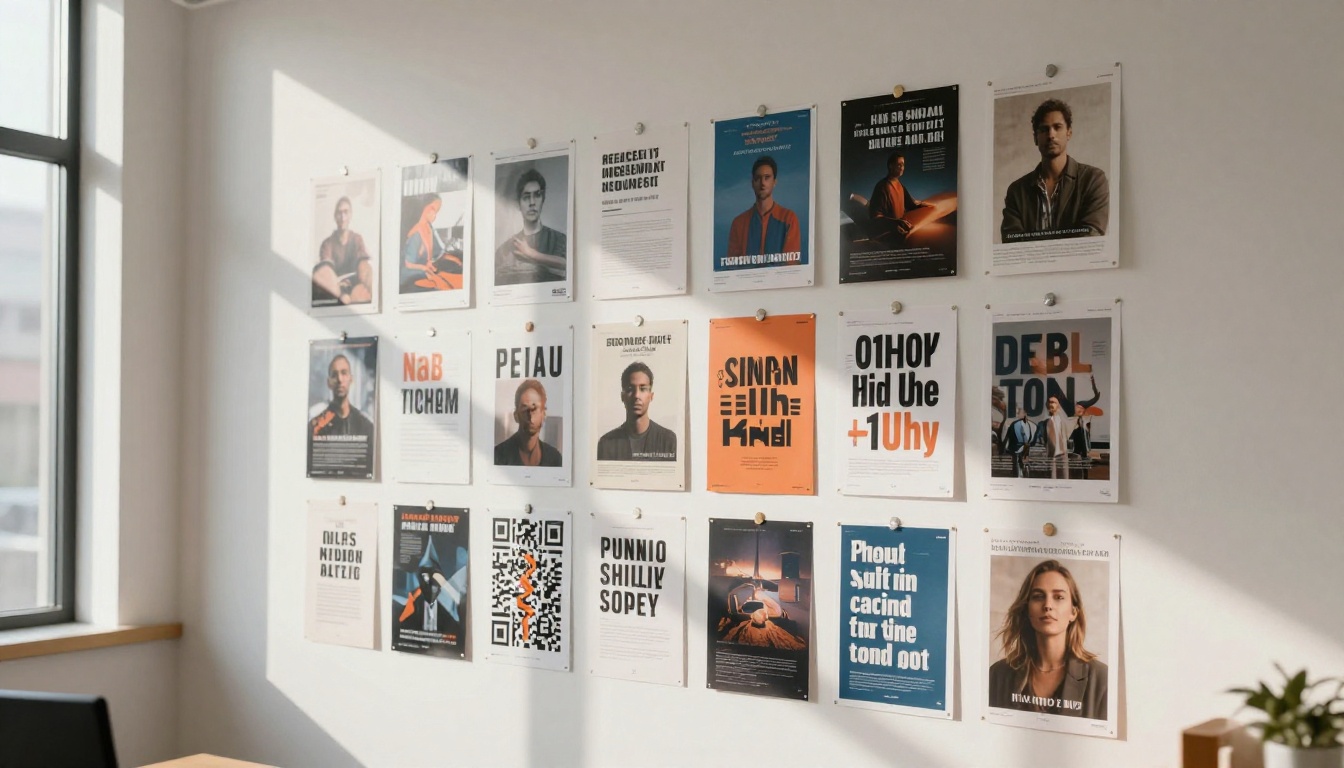 Typography rendering in AI images — printed AI artworks with text overlays pinned to a cork mood board in a bright creative agency Typography rendering in AI images — printed AI artworks with text overlays pinned to a cork mood board in a bright creative agency