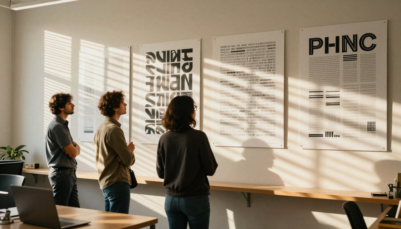 Creative agency brainstorming room with large format AI-generated typographic prints arranged on a long presentation wall, design professionals in discussion Creative agency brainstorming room with large format AI-generated typographic prints arranged on a long presentation wall, design professionals in discussion