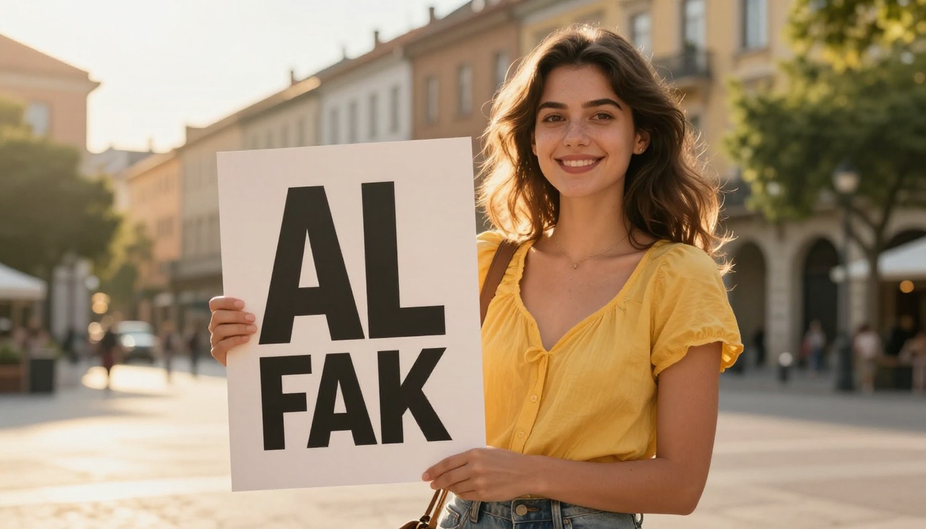 Young woman in a summer dress holding a beautifully designed AI-generated marketing poster with bold clean typography outdoors in golden afternoon sunlight