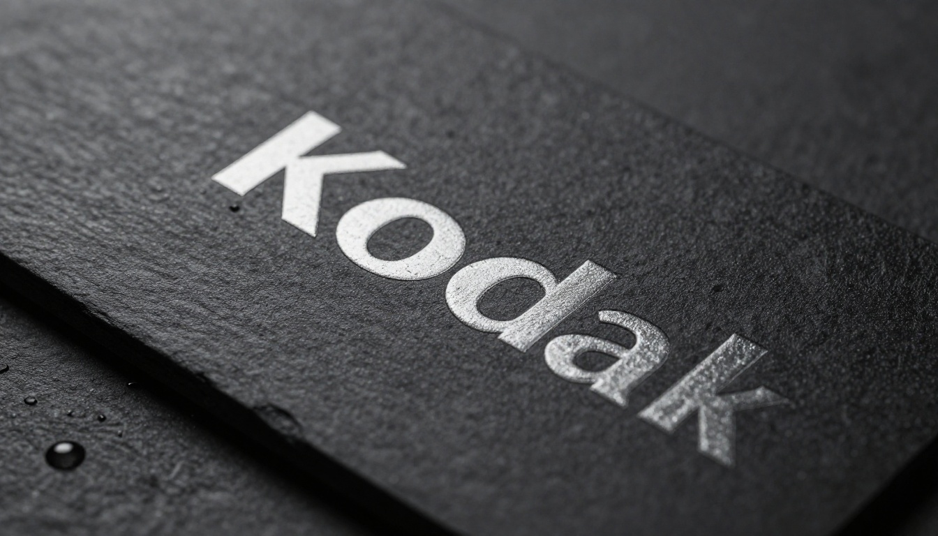 Extreme macro close-up of a premium matte black business card with embossed silver typography on dark slate surface with dramatic directional lighting