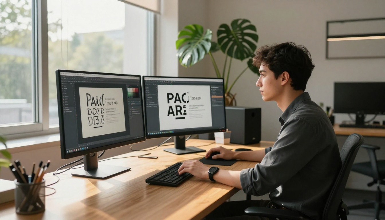 Focused creative professional at a minimal Scandinavian-style L-shaped desk with three monitors displaying a text-to-image AI generation interface and multiple typography outputs