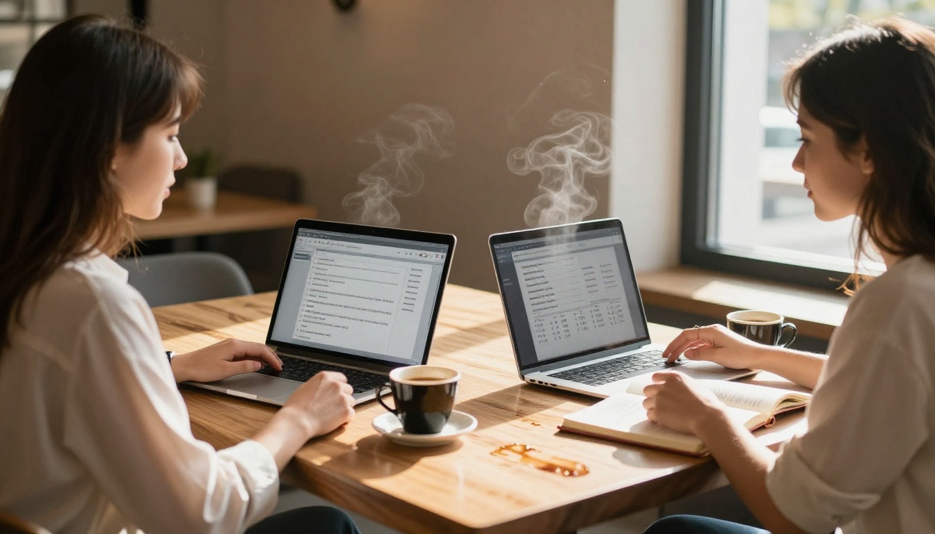 Two creatives comparing subscription plans on laptops at a cafe table Two creatives comparing subscription plans on laptops at a cafe table