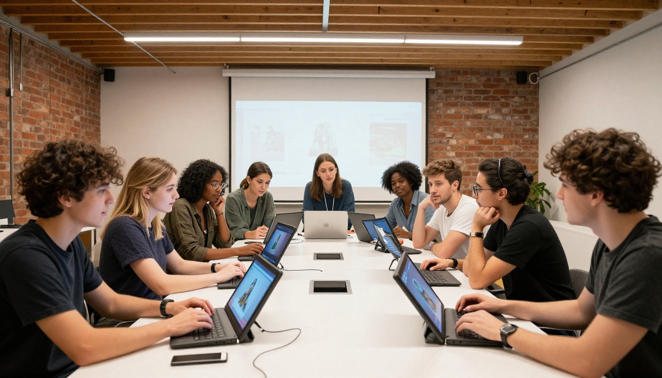 A diverse team of creatives collaborating around a touchscreen table viewing AI-generated images A diverse team of creatives collaborating around a touchscreen table viewing AI-generated images