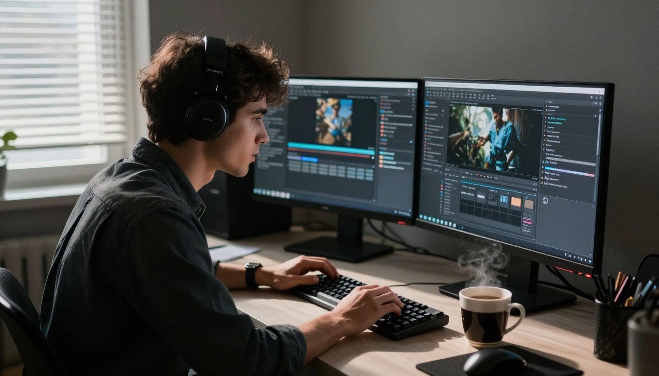 A focused creative professional working at a dual-monitor workstation with image generation interfaces open A focused creative professional working at a dual-monitor workstation with image generation interfaces open