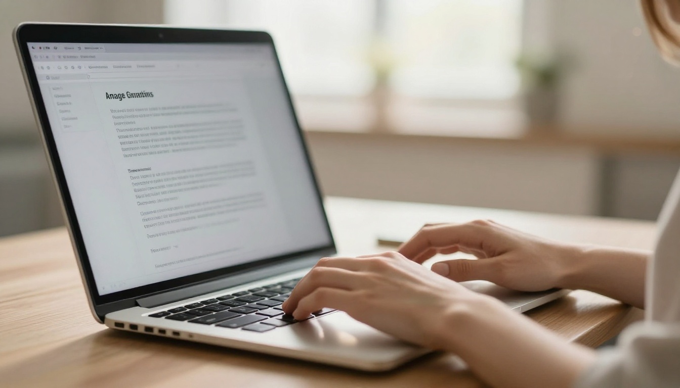 A pair of hands typing a detailed prompt into an AI image generation interface on a laptop
