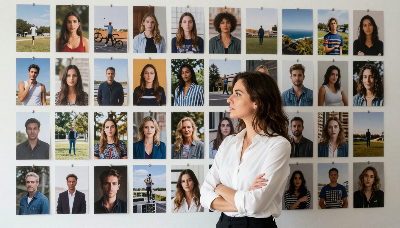A stylish woman comparing printed AI-generated photographs on a studio wall