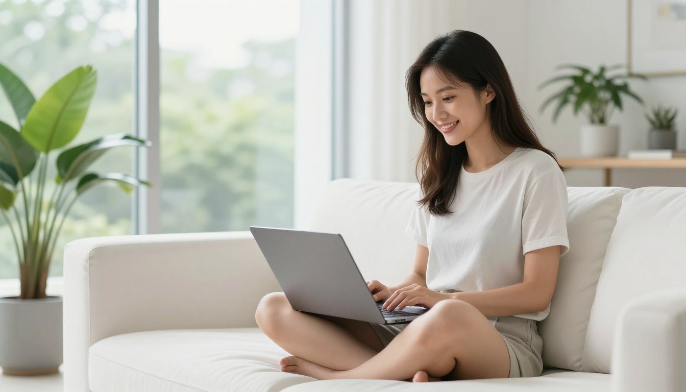 A young woman relaxing on a white sofa smiling at AI-generated images on her laptop