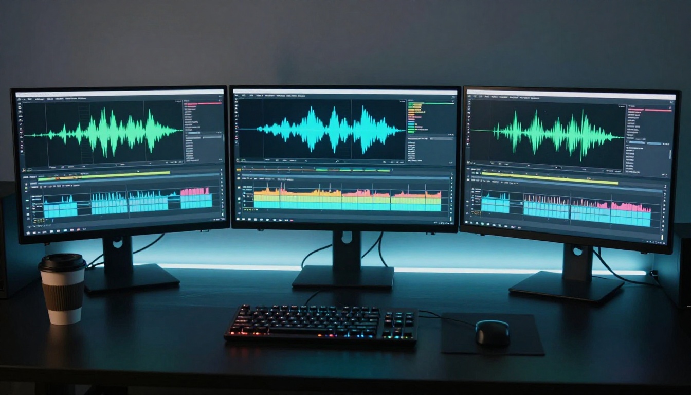 Three monitors side by side in a video editing suite, each showing a different AI video platform timeline