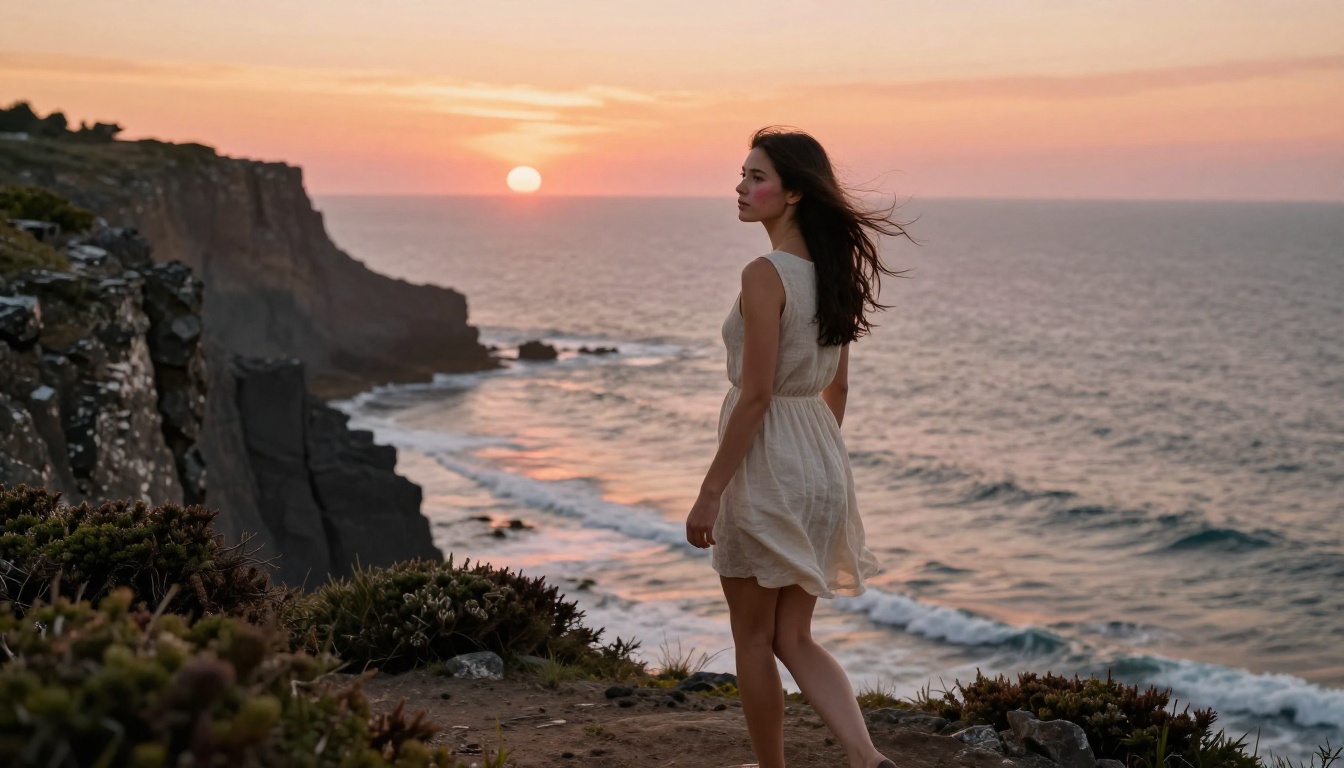 A young woman in a cream linen dress walks along a coastal cliff at golden hour, low-angle 85mm shot with bokeh ocean backdrop