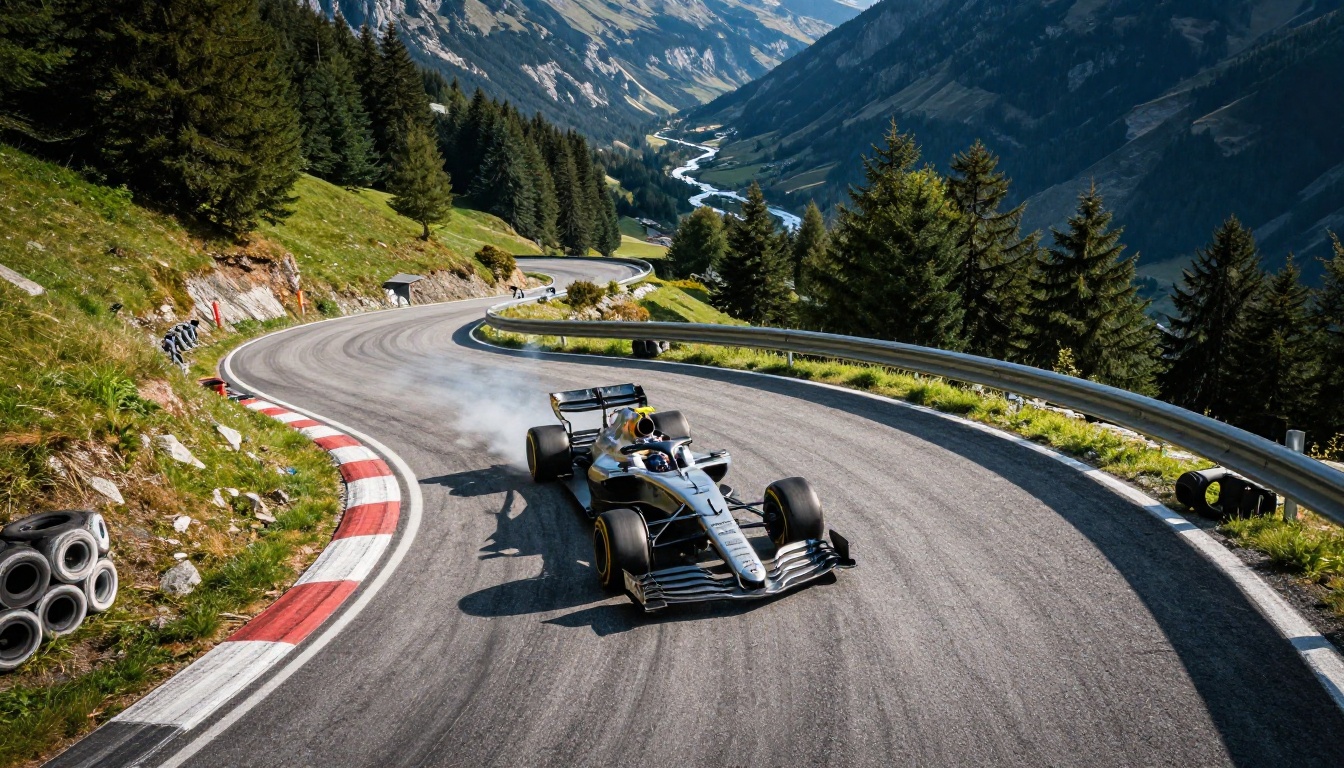Aerial overhead view of a Formula 1 car carving through an alpine hairpin corner, motion blur arcs on sun-bleached tarmac
