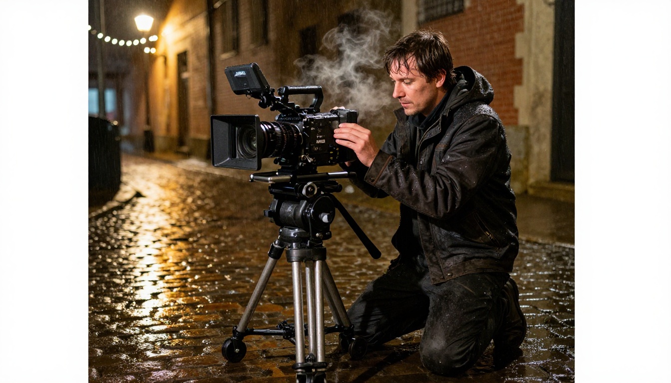 A cinematographer adjusts focus on an ARRI cinema camera in a rain-slicked urban alley lit by practical amber streetlight