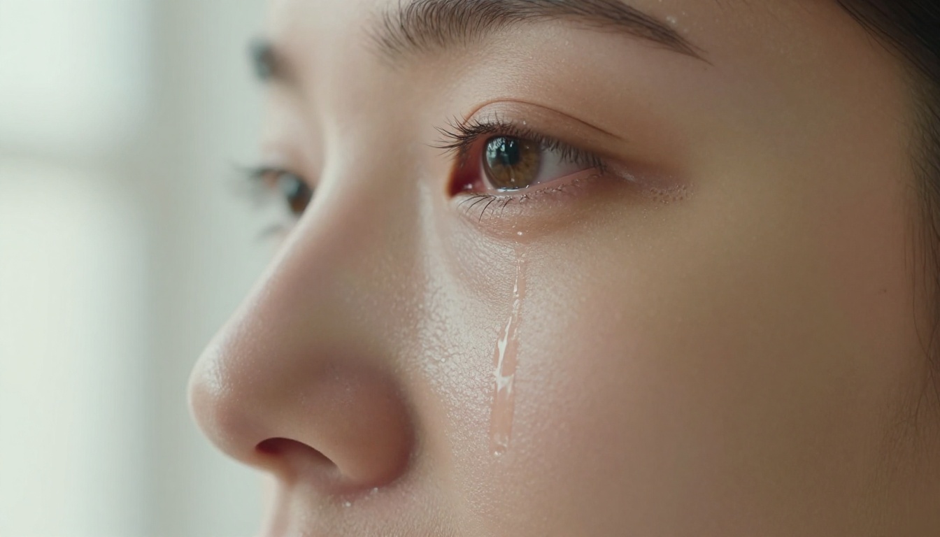 Extreme close-up of a woman's face at three-quarter profile, a single tear catching north-facing window light, 135mm shallow depth of field