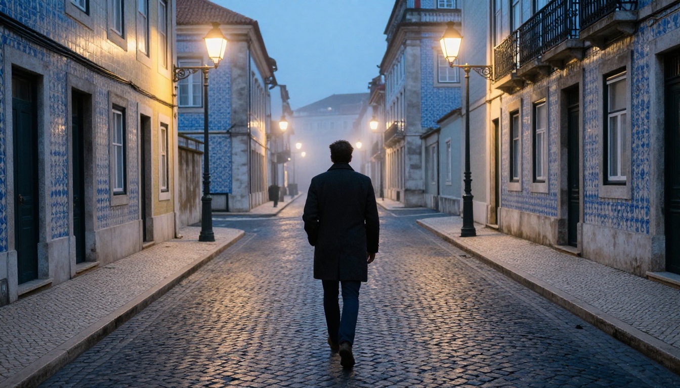 A man in a charcoal wool overcoat walks away down a fog-lit cobblestone street in Lisbon at blue hour, converging linear perspective