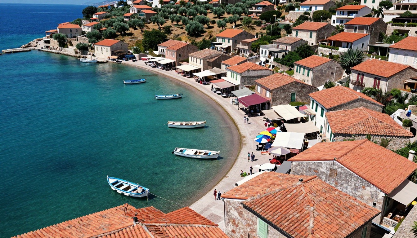 Overhead aerial view of a Mediterranean fishing village with crystalline turquoise harbor, terracotta rooftops, and olive groves on the hillside