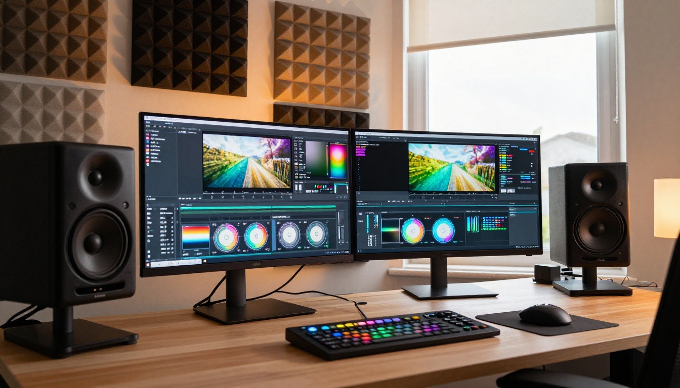 A sleek color grading studio with curved ultrawide monitor showing LUT wheels and scopes, flanked by reference monitors displaying the same cinematic clip