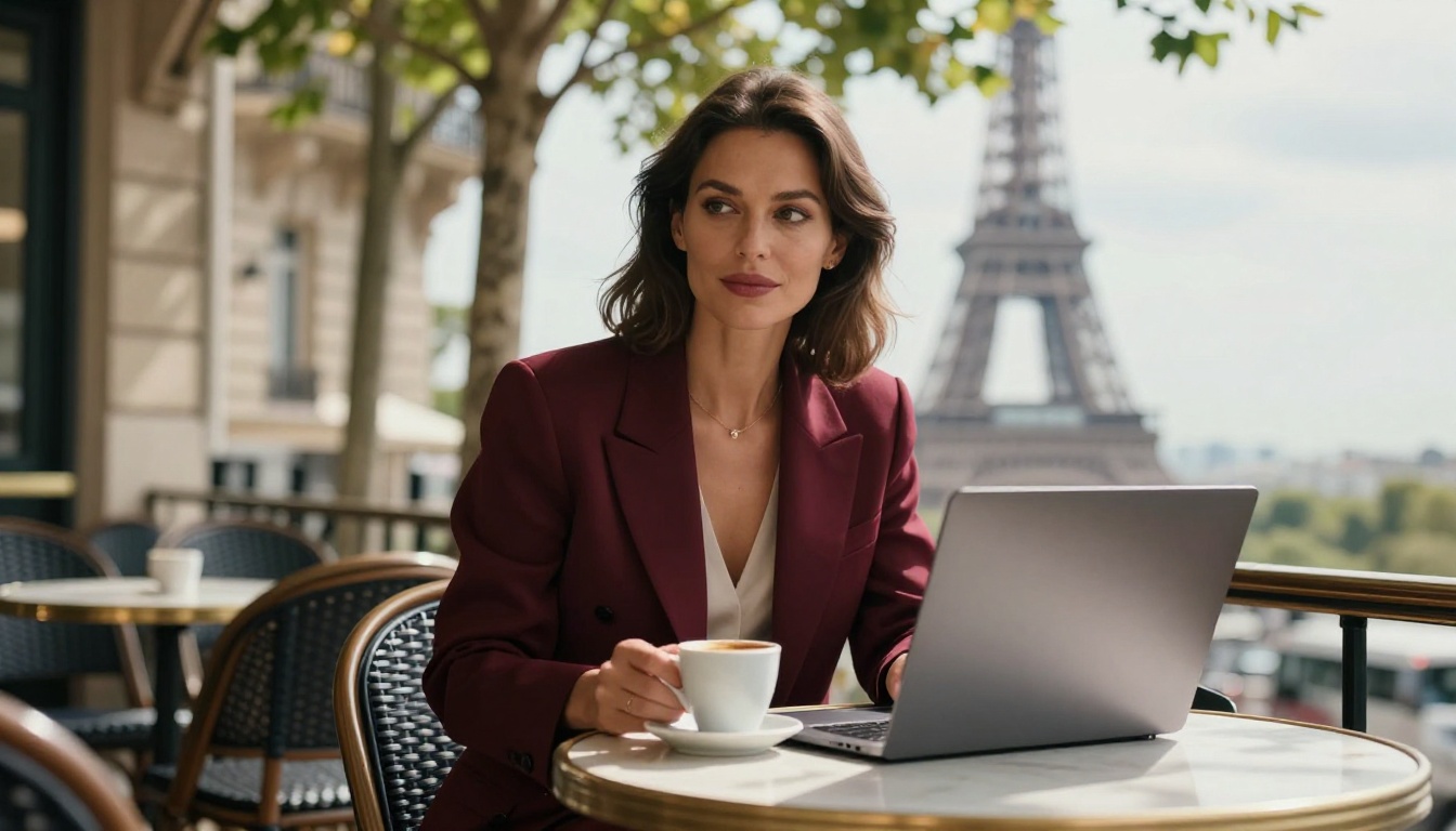 A confident woman in a tailored burgundy blazer works on a laptop at a Paris cafe terrace, the Eiffel Tower softly out of focus behind her in the morning light