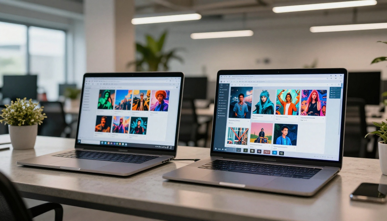 Two laptops side by side showing different AI platform interfaces